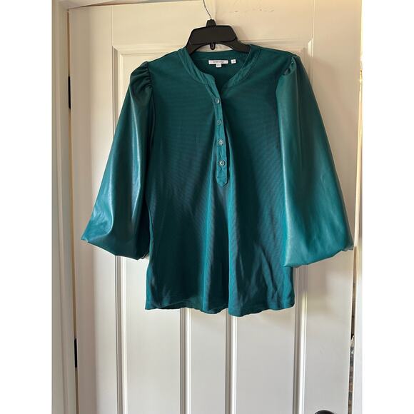 Chicos Faux Leather Balloon Sleeves Henley Top‎ Peacock Size Large - Picture 1 of 7